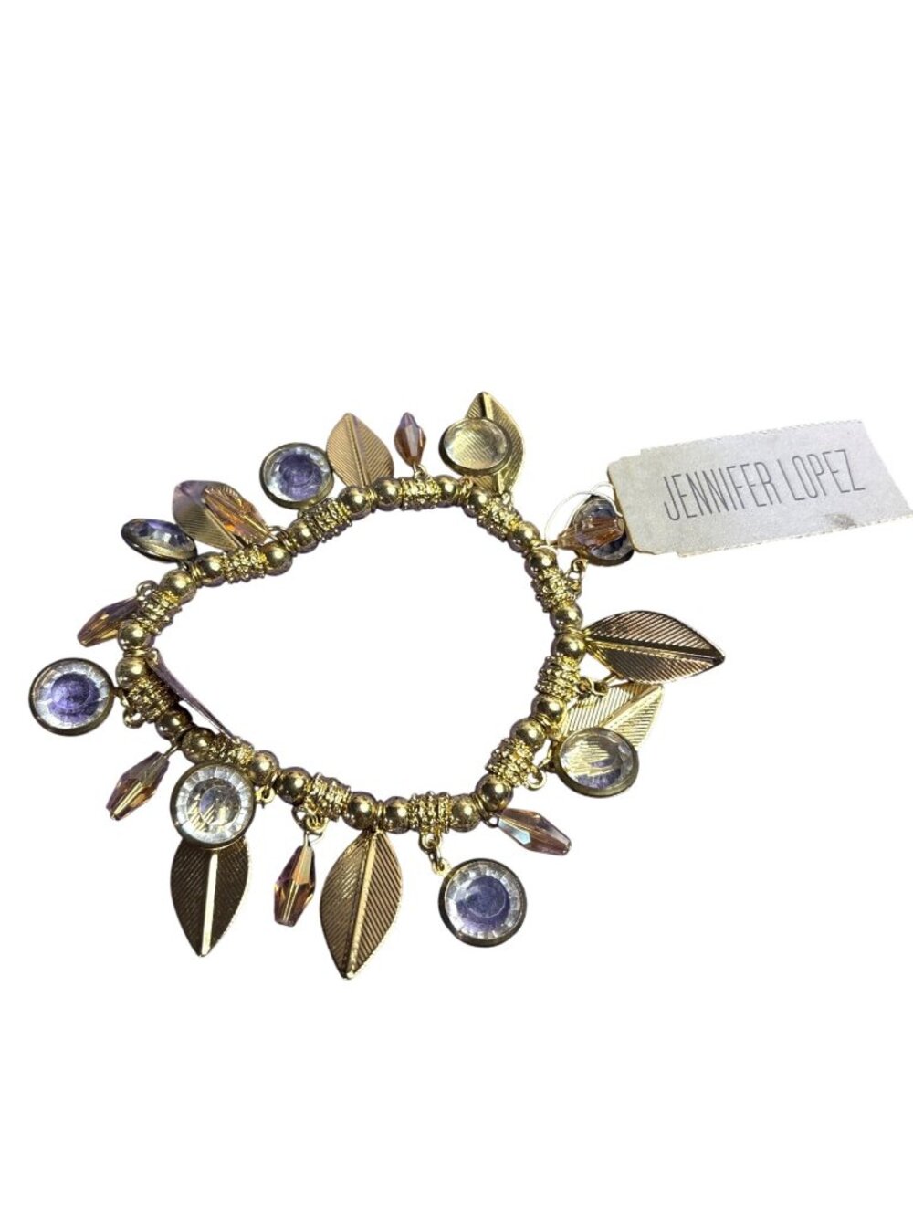 Jennifer Lopez Goldtone Beaded Stretchy Bracelet Leaves Clear Rhinestones New